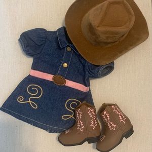 Cowgirl outfit, hat, and boots for 18 inch doll (fits American Girl Dolls)